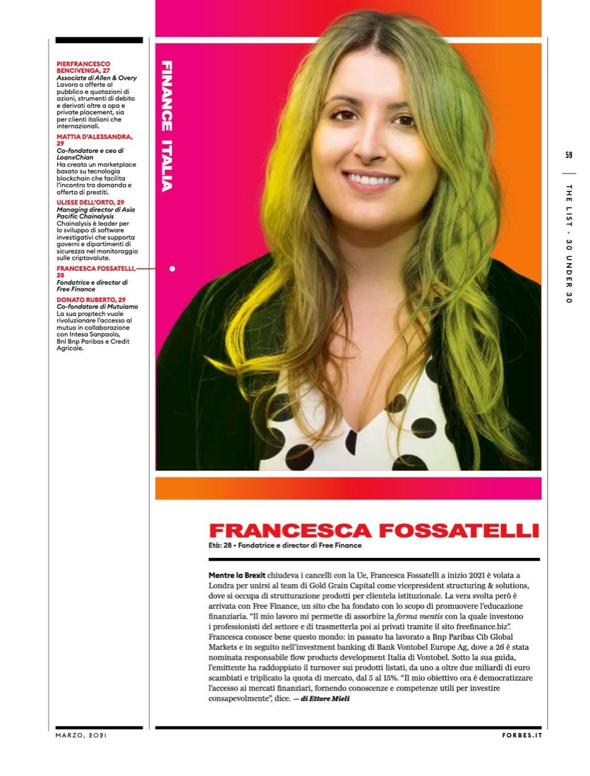 Pagina di Forbes Italia dedicata a Francesca Fossatelli nella lista 30 Under 30, marzo 2021