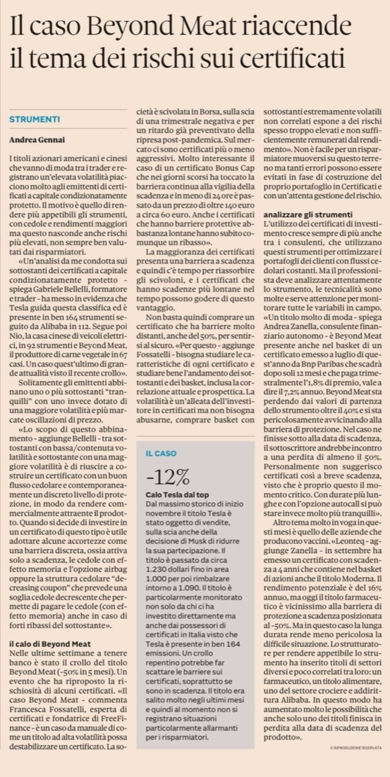 Articolo del Sole 24 Ore Plus24 sul caso Beyond Meat e i rischi sui certificati